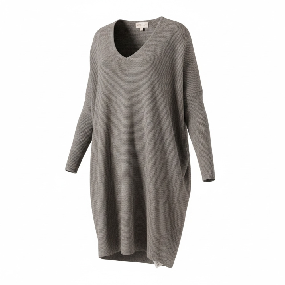 Apricot Grey Ribbed Knit V-Neck Oversized Tunic Sweater Dress